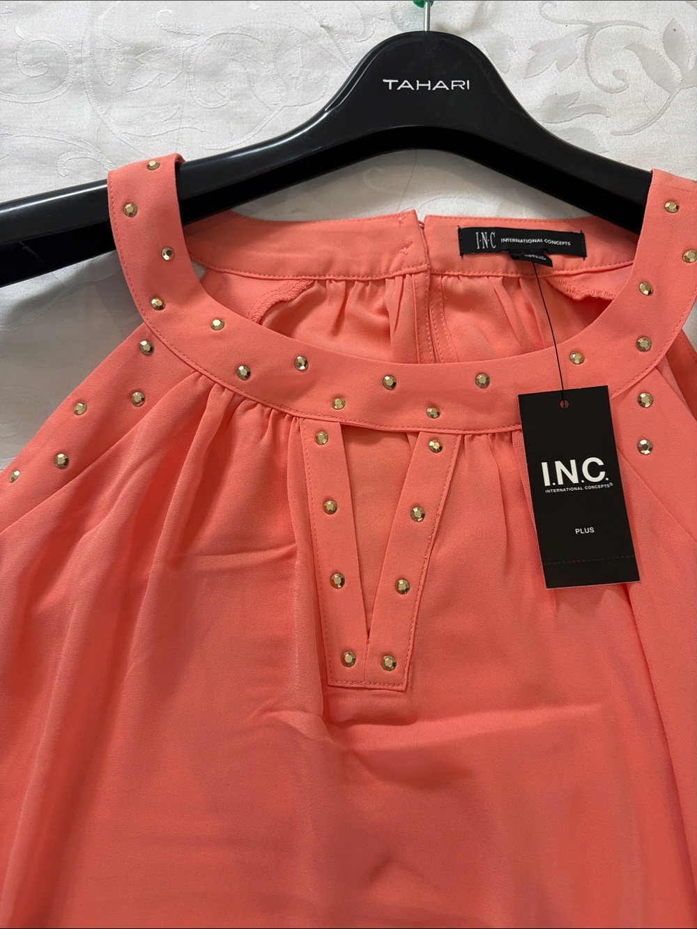 INC International Concepts Coral Cutout Shoulder Studded Blouse. Light and Flowy